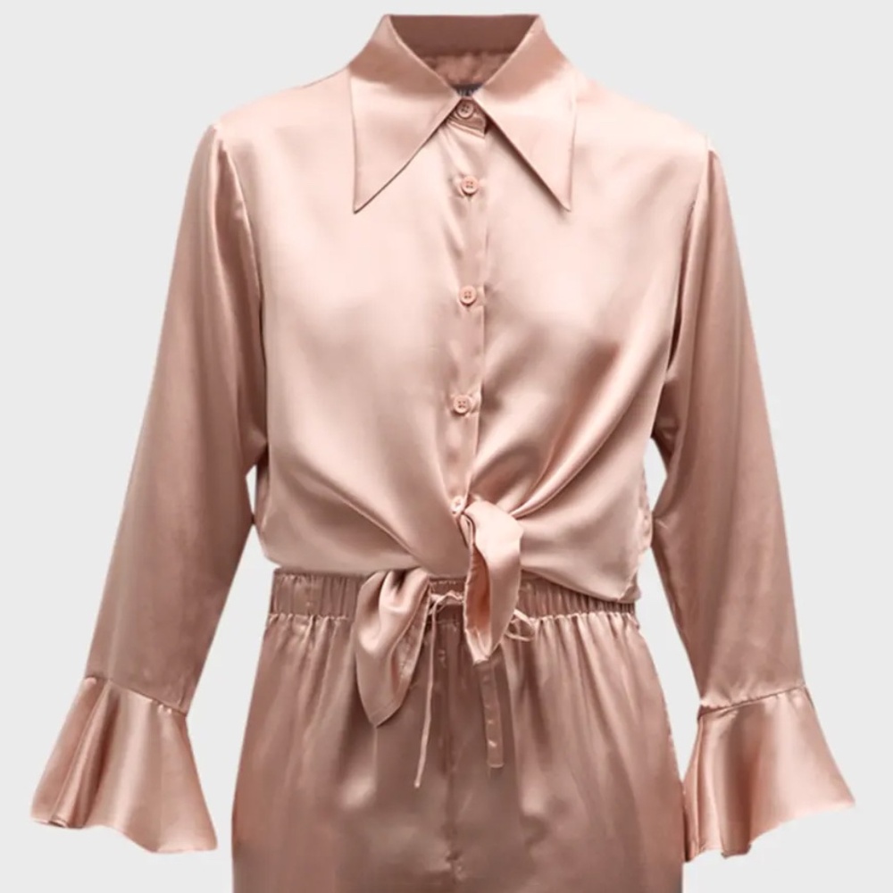 Neiman Marcus Intimates Silk Long Sleeve Ruffle Pajama Top Pink Size Small